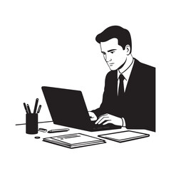 Black and white line art of a hardworking man at office desk with laptop and documents minimalist illustration