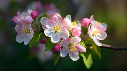 Obraz premium Apple blossoms in pink and white on a twig, with budding blooms against green background