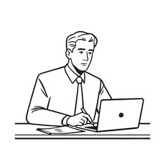 Black and white line art of a hardworking man at office desk with laptop and documents minimalist illustration