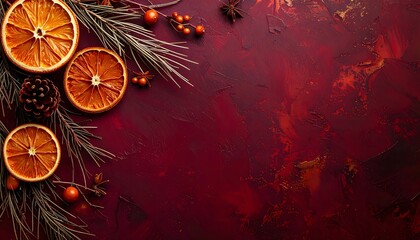 A rustic and warm holiday background with dried orange slices, pine sprigs, and star anise on a rich, deep red textured backdrop, perfect for festive messages.
