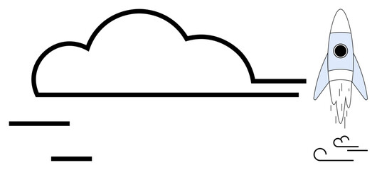 Rocket launching with trails of smoke and a cloud in simple design. Ideal for innovation, growth, success, technology, startup, progress, creativity themes. Clean simple flat metaphor