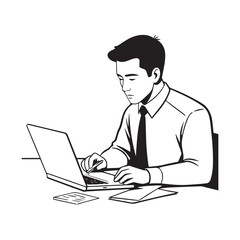 Black and white line art of a hardworking man at office desk with laptop and documents minimalist illustration