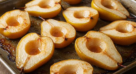 Top view of the fragrant baked halves of a yellow pear on a baking sheet.  The concept of healthy eating