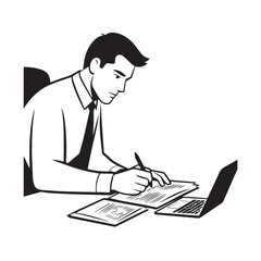 Black and white line art of a hardworking man at office desk with laptop and documents minimalist illustration