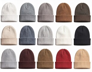 Large Collection of Fifteen Ribbed Knit Beanie Hats in Various Neutral, Earthy, and Muted Tones Isolated on White Background