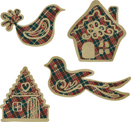 Vector watercolor illustration set of Christmas tree ornaments: tower house, cottage, tit bird, and songbird