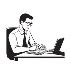 Black and white line art of a hardworking man at office desk with laptop and documents minimalist illustration