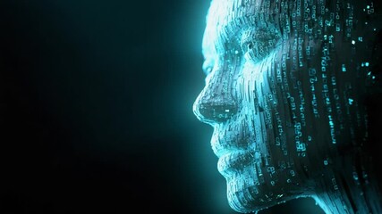 Profile of a futuristic human head made of glowing binary code and abstract geometry, representing concepts of artificial intelligence, machine learning, deepfake technology, and data processing - Powered by Adobe
