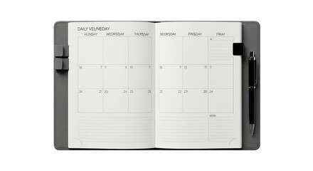 Open planner displaying a monthly calendar isolated on transparent background