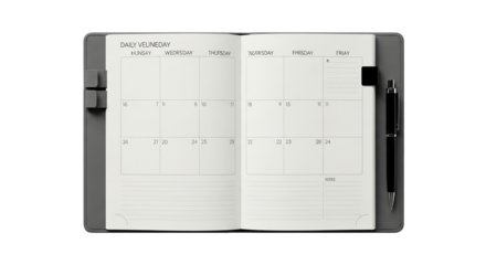 Open planner displaying a monthly calendar isolated on transparent background
