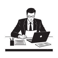 Black and white line art of a hardworking man at office desk with laptop and documents minimalist illustration