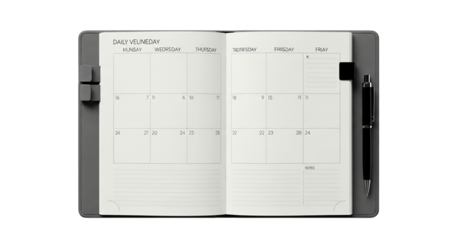 Open planner displaying a monthly calendar isolated on transparent background