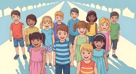 vaccinated children standing together on a street illustrating child vaccination campaigns for protection and promoting herd immunity and back to school.