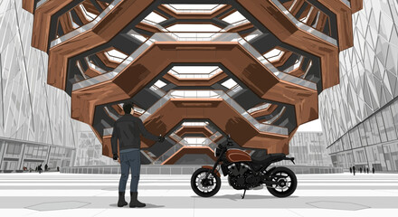 The Vessel New York city a man looks at a motorcycle parked near the landmark building urban