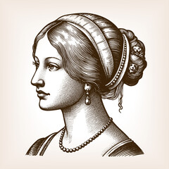 16th century woman with elegant hairstyle, traditional Renaissance clothing in profile view sketch engraving generative ai fictional character raster illustration. Scratch board. Black and white image