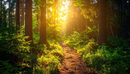 Obraz premium Sunlight Streaming Through a Dense Forest Path with Green Foliage, Golden Hour, Ultra Sharp, and Cinematic HDR