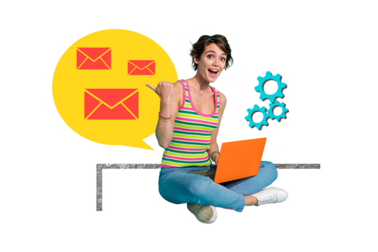 Composite photo collage of happy girl point pile mailbox envelope correspondence hold laptop gearwheel isolated on painted background