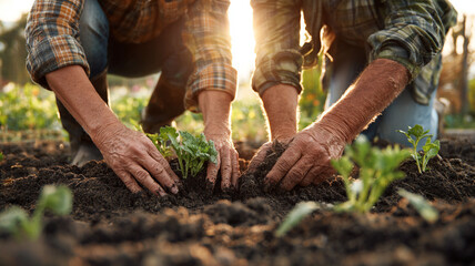 couple gardening together, hands in soil