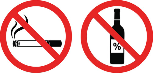 No smoking and no alcohol signs prohibition symbols health safety warnings isolated graphic vector