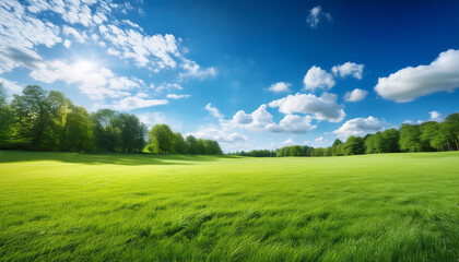 Obraz premium Bright Sunny Day With Blue Sky And Scattered White Clouds Over A Lush Green Forest And Grassy Field Conveying A Peaceful And Fresh Natural Environment