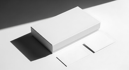 Stylish blank white box and cards for professional branding mockups in modern light and shadow studio setup