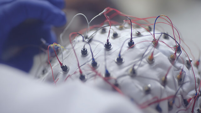Close-up of an EEG cap with electrodes and wires being handled by a gloved hand in a laboratory setting