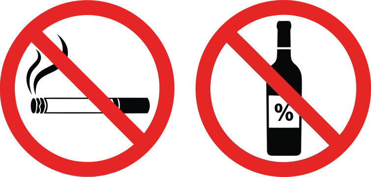 No smoking and no alcohol signs prohibition symbols health safety warnings isolated graphic vector