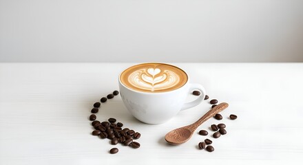 A minimalist cup of coffee with coffee concept decoration, clean background