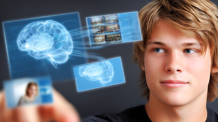Young man interacting with digital brain imagery and data visualization in a futuristic interface