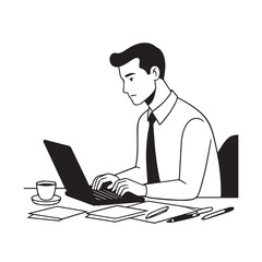 Black and white line art of a hardworking man at office desk with laptop and documents minimalist illustration