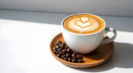 A simple cup of coffee with coffee decoration, clean background