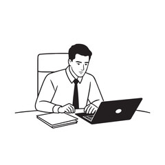 Black and white line art of a hardworking man at office desk with laptop and documents minimalist illustration