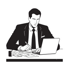 Black and white line art of a hardworking man at office desk with laptop and documents minimalist illustration