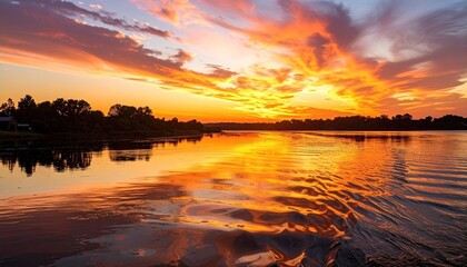 Obraz premium Vibrant Sunset over Calm River Reflected in Water