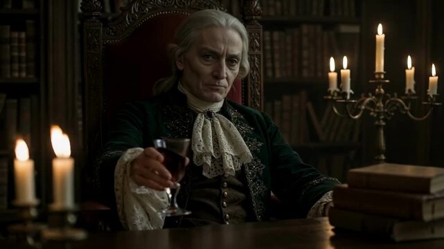 An elderly nobleman in a lavish historical costume sits alone in a dark, candlelit library, pensively drinking wine, a scene of aristocratic life, wealth and solitude in the 18th century