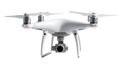 A sleek, white quadcopter drone with four rotors, a gimballed camera, and landing gear, positioned centrally against a black background