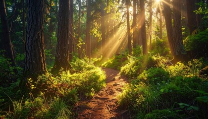Fototapeta premium Sunlight Through Forest Trees Illuminates Green Foliage and a Dirt Path Creating a Warm and Golden Glow with Lush Scenery and Woodland Ambiance