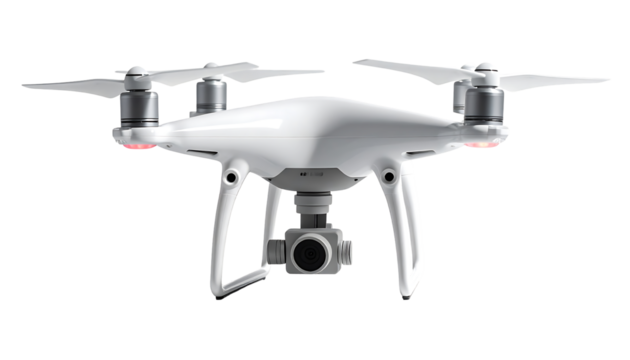 A sleek, white quadcopter drone with four rotors, a gimballed camera, and landing gear, positioned centrally against a black background