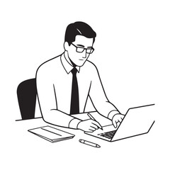 Black and white line art of a hardworking man at office desk with laptop and documents minimalist illustration