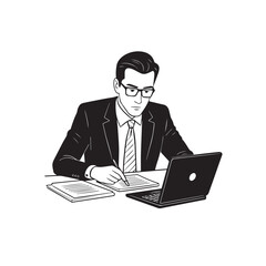 Black and white line art of a hardworking man at office desk with laptop and documents minimalist illustration