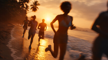 Close-up silhouettes running on tropical beach at sunrise, motion blur, fitness lifestyle