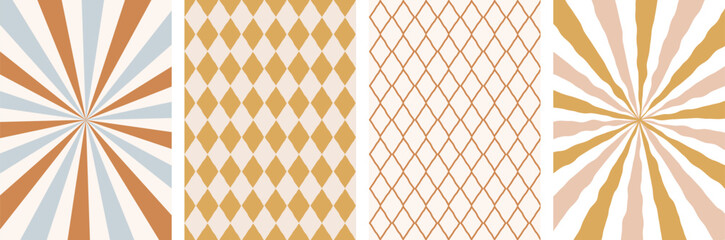 Retro Backgrounds Set with Geometric Abstracts, swirl, rhombus. Retro Groovy starburst Aesthetic
