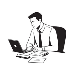 Black and white line art of a hardworking man at office desk with laptop and documents minimalist illustration