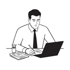 Black and white line art of a hardworking man at office desk with laptop and documents minimalist illustration