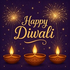 Deep purple background with stars, diyas, and sparkling fireworks with decorative text happy diwali.