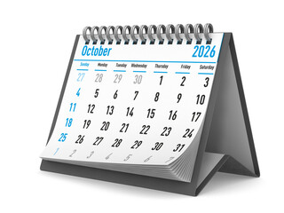 2026 year. Calendar for October. Isolated 3D illustration