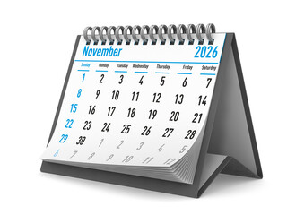 2026 year. Calendar for November. Isolated 3D illustration