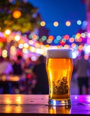 Refreshing Pint of Beer at Night Market Festive Lights.