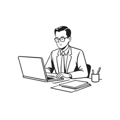 Black and white line art of a hardworking man at office desk with laptop and documents minimalist illustration