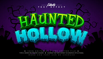Haunted Hollow Text Effect Illustration Editable Graphic Style with Green and Blue Typography Lettering on Scary Cemetery Halloween Background. Scalable Vector Autumn Holiday Design Template